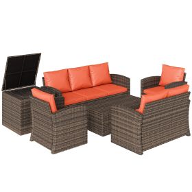 6 Pieces Wicker Patio Furniture Set with Cushions, 7-Seater Rattan Patio Sofa Set with Storage Table, Orange