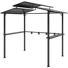 8 X 5ft Hardtop Grill Gazebo With Double Metal Roof, 2 Side Shelves And 4 Cup Holders For Patio Backyard Lawn Deck (Color: Black)