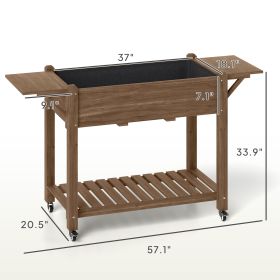 Wood Raised Planter Box, Elevated Garden Bed With Lockable Wheels, Side Tables, Bottom Shelf, Drain Holes, Carbonized (Option: Carbonized)