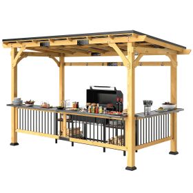 13 X 6 Wooden BBQ Grill Gazebo, Outdoor Hardtop Grill Gazebo With Metal Roof, 2 Bar Shelves And 6 Hooks, Natural (Option: Natural)