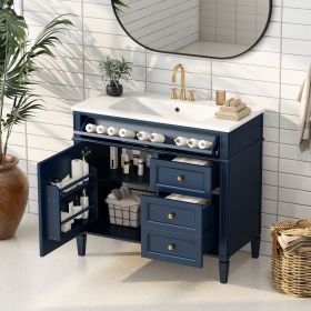 36'' Bathroom Vanity with Top Sink, Modern Bathroom Storage Cabinet with 2 Drawers and a Tip-out Drawer, Single Sink Bathroom Vanity (Color: Blue, Material: Solid Wood+MDF+Resin)